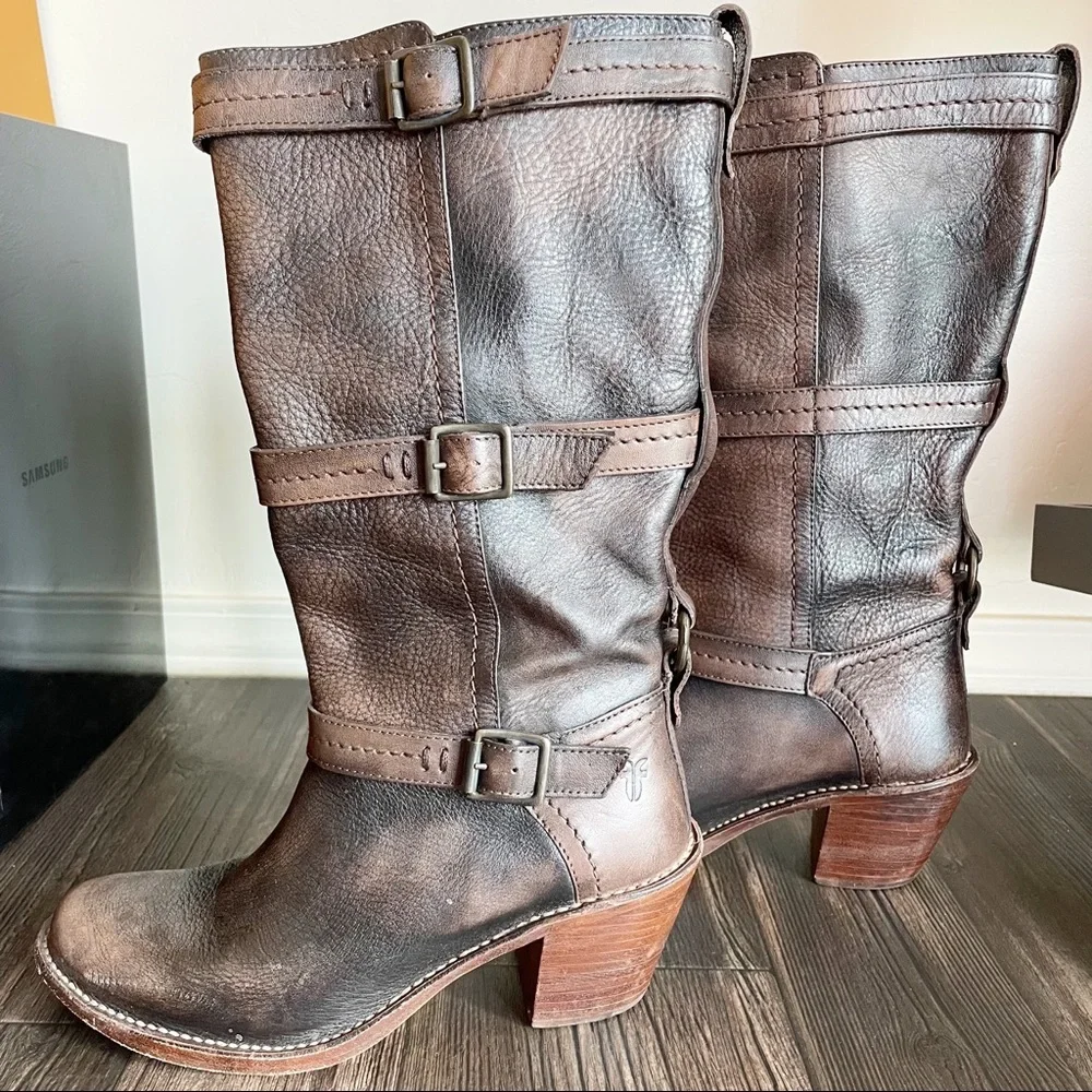 Frye Brown Leather Mid-Calf Buckle Boots - Picture 4 of 10